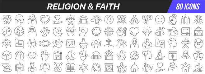 Religion and faith line icons collection. Big UI icon set in a flat design. Thin outline icons pack. Vector illustration EPS10