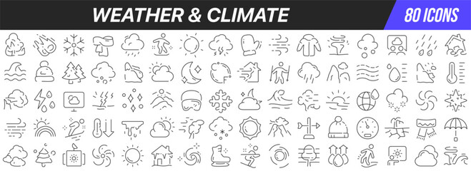 Wall Mural - Weather and climate line icons collection. Big UI icon set in a flat design. Thin outline icons pack. Vector illustration EPS10