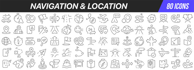 Fototapete - Navigation and location line icons collection. Big UI icon set in a flat design. Thin outline icons pack. Vector illustration EPS10