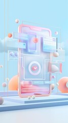 Wall Mural - Vertical image of a 3D illustration of a mobile phone with colorful icons.