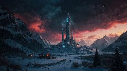 Wall Mural - Game art showing cyber technical layout of buildings constituting a research station on a very frosty planet, in the background you can see even apocalyptic mountains, which are covered by frozen snow