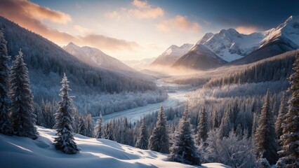Wall Mural - Landscape of vast winter forest on the background of mountains