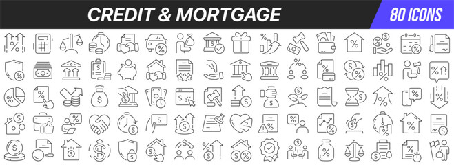 Credit and mortgage line icons collection. Big UI icon set in a flat design. Thin outline icons pack. Vector illustration EPS10