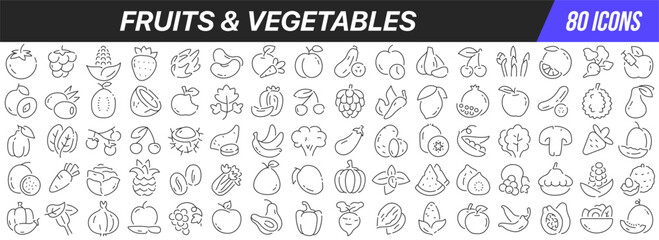 Poster - Fruits and vegetables line icons collection. Big UI icon set in a flat design. Thin outline icons pack. Vector illustration EPS10