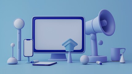 Wall Mural - A 3D illustration of a computer and a megaphone on a colorful table.