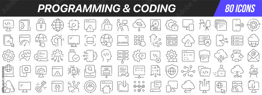 Programming and coding line icons collection. Big UI icon set in a flat ...