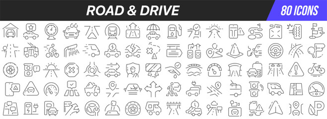 road and drive line icons collection. big ui icon set in a flat design. thin outline icons pack. vec