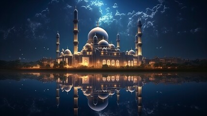Wall Mural - The beautiful serene mosque at night in the blessed month of ramadan the illuminated, Copy space, generative ai