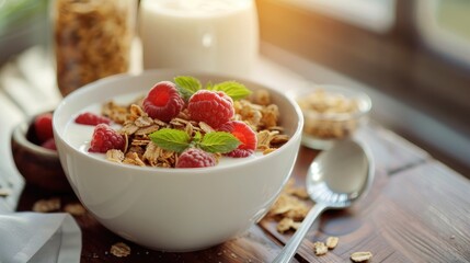 Wall Mural - Fresh milk paired with whole grain cereals at breakfast