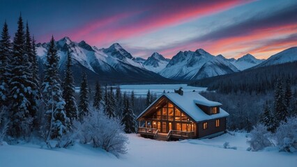 Wall Mural - Landscape of wooden hotel in beautiful winter mountain valley