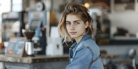 Wall Mural - Fashionable youth in denim jacket at gas station cafe. Concept Fashion, Youth, Denim Jacket, Gas Station Café, Photoshoot