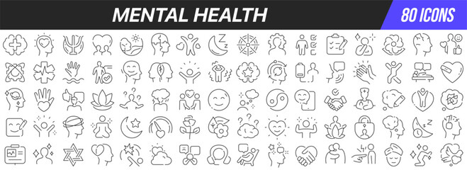 Poster - Mental health line icons collection. Big UI icon set in a flat design. Thin outline icons pack. Vector illustration EPS10