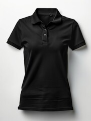 Realistic mockup of a black polo shirt for a womenFujifilm XT3, soft focus, 55mm lens, f29, Cinematic 32k, isolated on white background stock photo style.