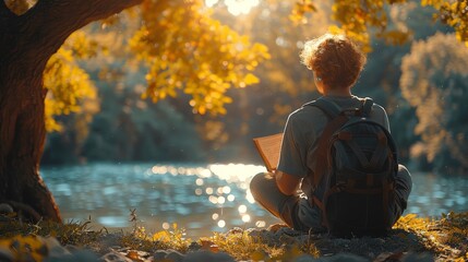 Wall Mural - person sitting under a tree reading a book