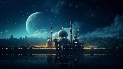 the beautiful serene mosque at night in the blessed month of ramadan the illuminated, copy space, ge