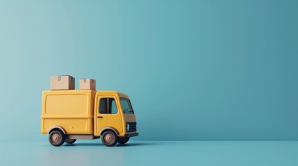 Wall Mural - Yellow delivery van with cardboard boxes on top, minimalist design, blue background. Concept of transportation and delivery service. 3D Illustration.