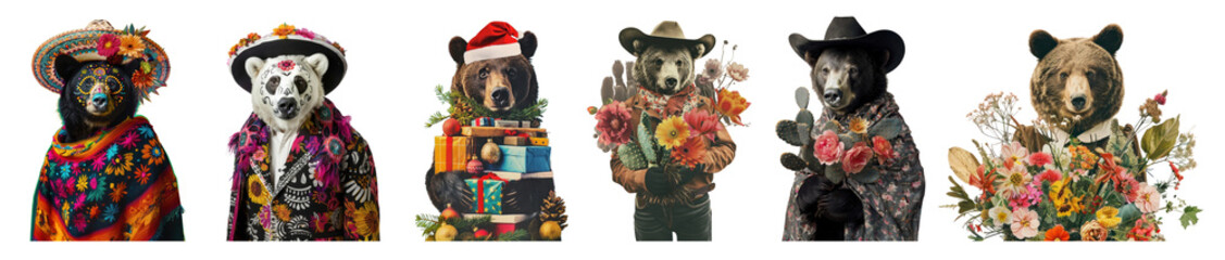 Wall Mural - PNG A flower bear character collage  cut out element set