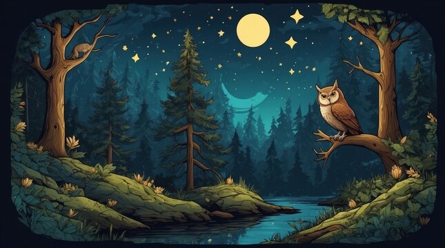 Illustration of a colorful sketch with a wise owl on the background of a lunar forest
