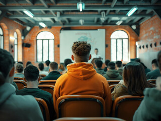 Students in a classroom listening to a lecture focused on one person in orange, with a brick background, concept of education. Generative AI