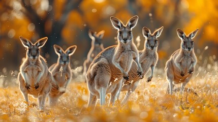 Wall Mural - a group of kangaroos in a field with trees in the background