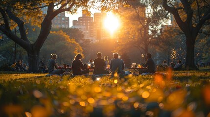 Wall Mural - a group of people sitting in a park at sunset