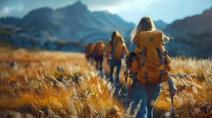 Wall Mural - a group of people with backpacks walking through a field