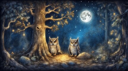 Wall Mural - In the enchanted forest sits an owl, the forest is very mysterious sometimes magical