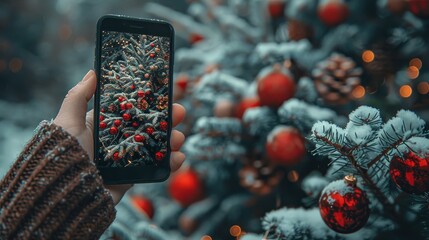 Wall Mural - a person taking a picture of a christmas tree