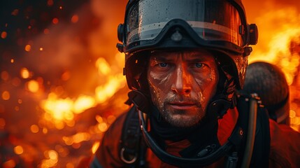 Wall Mural - a firefighter in a helmet and goggles standing in front of a fire