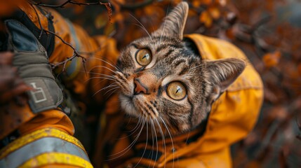 Wall Mural - a cat in a yellow jacket looking up at the camera
