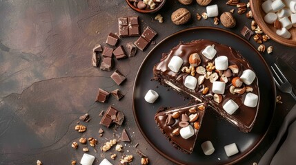 Wall Mural - Chocolate cake Rocky road with marshmallow and nuts close-up on a plate on the table. horizontal view from above. copy space