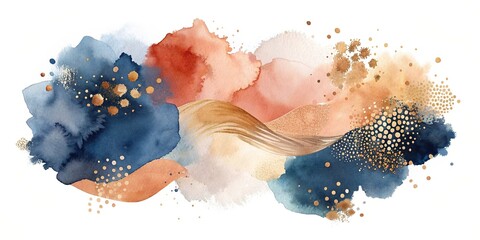 Abstract modern watercolor in terracotta, navy blue, orange, blush, pink, ivory, and beige with gold elements on a white background, perfect for a logo, wall art, poster, or business card