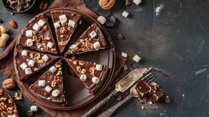 Wall Mural - Chocolate cake Rocky road with marshmallow and nuts close-up on a plate on the table. horizontal view from above. copy space