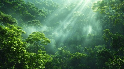 a view of a forest with sunlight shining through the trees