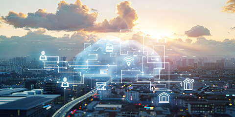 A cloud symbol with digital connections floats above an urban landscape, surrounded by icons representing networks and mobile devices. Illustrating the concept of cloud computing and connectivity.