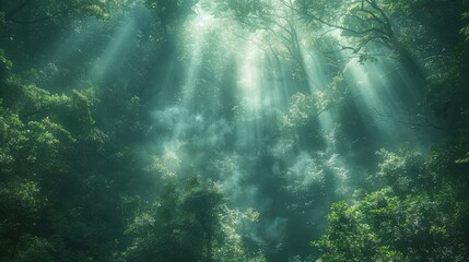 Wall Mural - a forest with sun shining through the trees