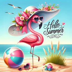 Pink flamingo wearing floral hat at the beach with sunset and flowers. Bright and colorful digital illustration. Summer vacation and tropical holiday concept. Design for greeting card, poster, and pos