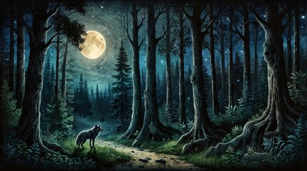 Sticker - Illustration showing wildlife surrounded by forest and old trees, beautiful howling wolf in forest on moon background