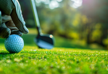 Fototapete - Close-up of a golf ball on tee with a club, on a blurred green background, showcasing the concept of sports. Generative AI