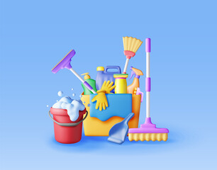 Leinwandbilder - 3D set of home cleaning tools isolated. Render collection of accessories for washing dishes and house cleaning. Bottle of detergent, sponge, soap gloves. Bucket, mop broom dustpan. Vector illustration