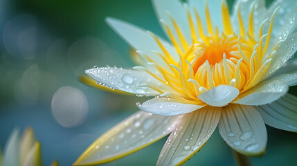 Wall Mural - Close-up photo of a lotus flower, water droplets on the petals