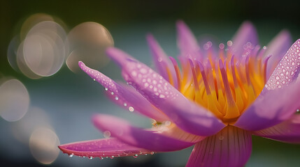 Wall Mural - Close-up photo of a lotus flower, water droplets on the petals