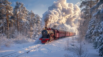 Wall Mural - a train traveling through a snowy forest with a lot of smoke coming out of it