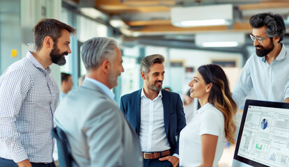 Wall Mural - Professionals discussing work with a computer screen in an office setting, concept of teamwork in a bright environment. Generative AI