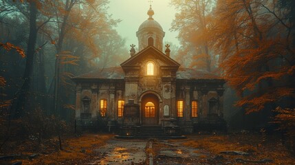Wall Mural - a creepy old building in the woods with a light on