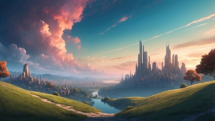 Wall Mural - Beautiful panoramic illustration of amazing cityscape on the background of sunset