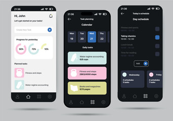 Aufkleber - Perfect day app concept in flat design. A set of screens showing a schedule planner app that looks stylish and modern. Vector Illustration.