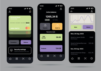 Aufkleber - Wallet app concept in flat design. Dark background, user-friendly interface, expense tracking, graphics and more are all in this great app. Vector Illustration.