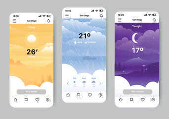 Aufkleber - Weather forecaster app concept in flat design. A convenient and beautiful mobile application for tracking the weather forecast, made in a beautiful modern style. Vector Illustration.