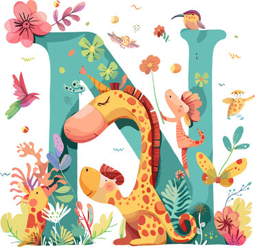 Alphabet letter N with Animals
